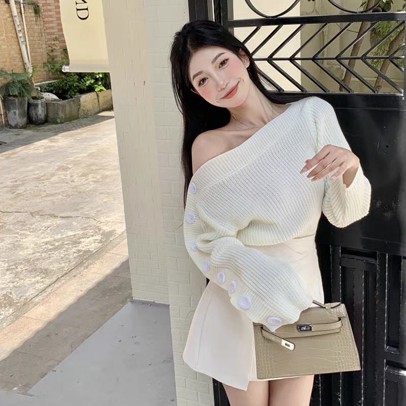 Set áo trắng len lệch vai tay phối nút kèm chân váy,set váy mùa đông,set đồ nữ đi chơi siêu xinh