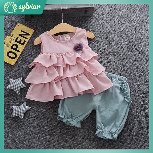 Set Đồ 2 Món Gồm Áo Voan Không Tay Phối Ren Và Quần Ngắn Thời Trang Dành Cho Bé Gái