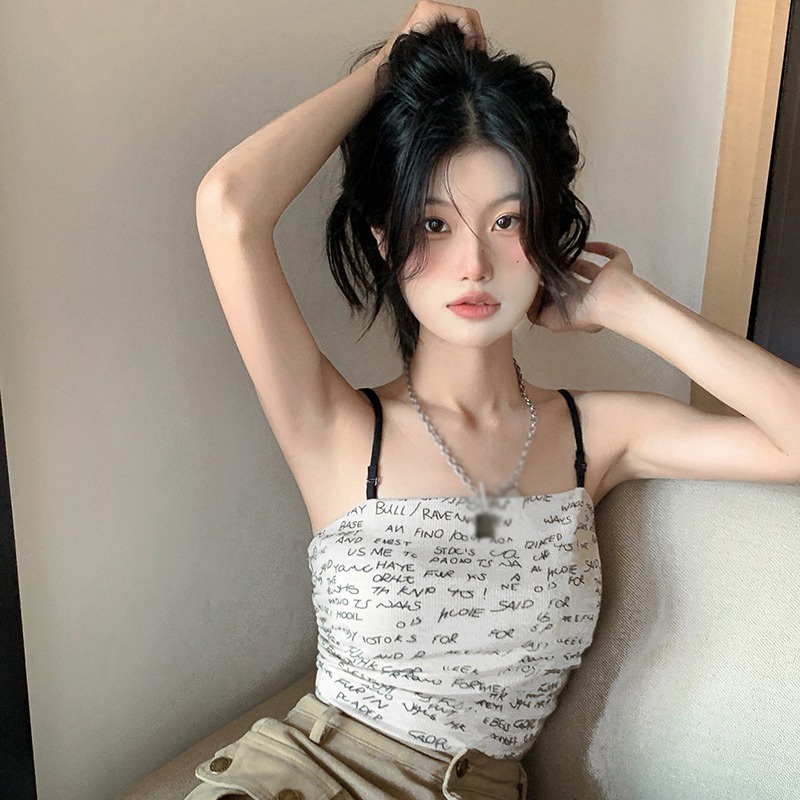 Áo Croptop Hai Dây Ôm Dáng In Chữ Phong Cách Hàn Quốc Thời Trang Mùa Hè Cho Nữ