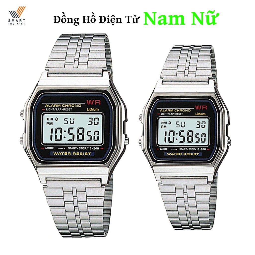 Đồng hồ điện tử đôi nam nữ A159 WA, Classic chống nước, Dây đeo tay Inox bạc mặt vuông, Unisex sang trọng trong công sở