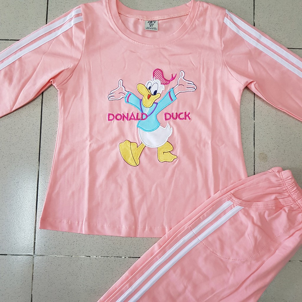 Bộ thun cotton tay dài thêu vịt donal cho bé gái đại