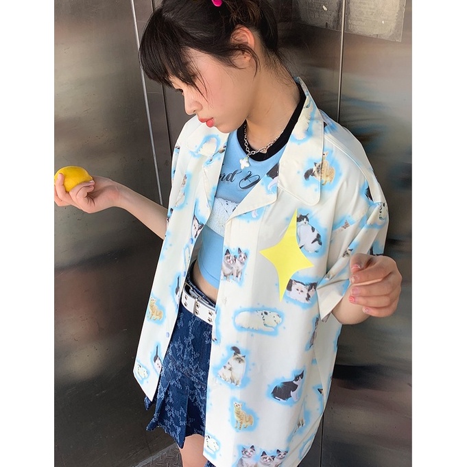 Áo Sơ Mi Ngắn Tay In Họa Tiết Mèo Và Ngôi Sao Sáng Tạo Thời Trang Cho Nữ
