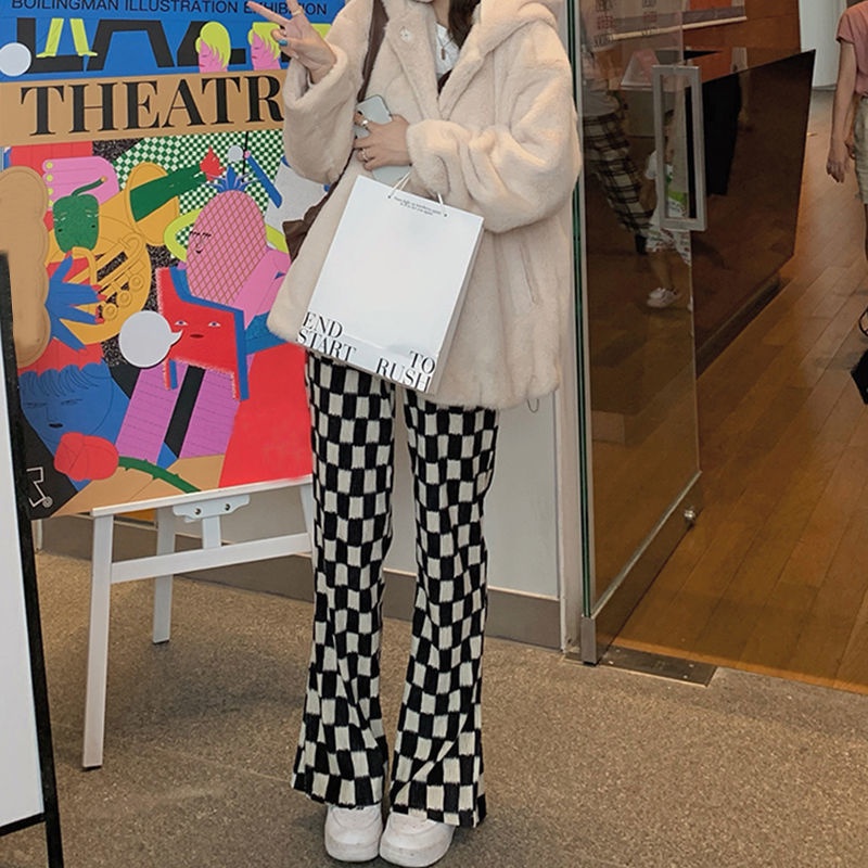 【77】Quần dài dáng rộng vải nhung dày phong cách Hàn Quốc thời trang thu đông mới cho nữ