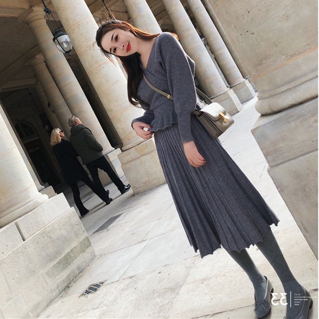 Sét áo váy len xoè thun eo