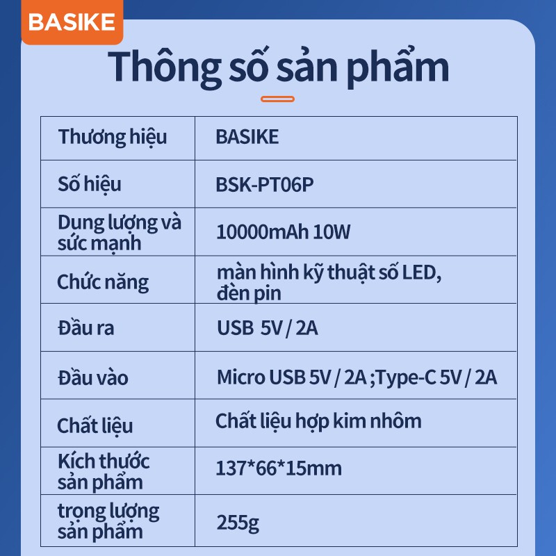 Sạc Dự Phòng BASIKE PT06 10000mah hỗ trợ sạc nhanh nguồn hiển thị kỹ thuật số nhỏ gọn cho iPhone Samsung OPPO