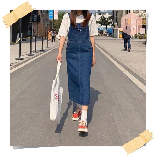 Váy yếm yếm bò nữ FIRST DATE dáng dài Yếm váy yếm jean năng động denim thiết kế