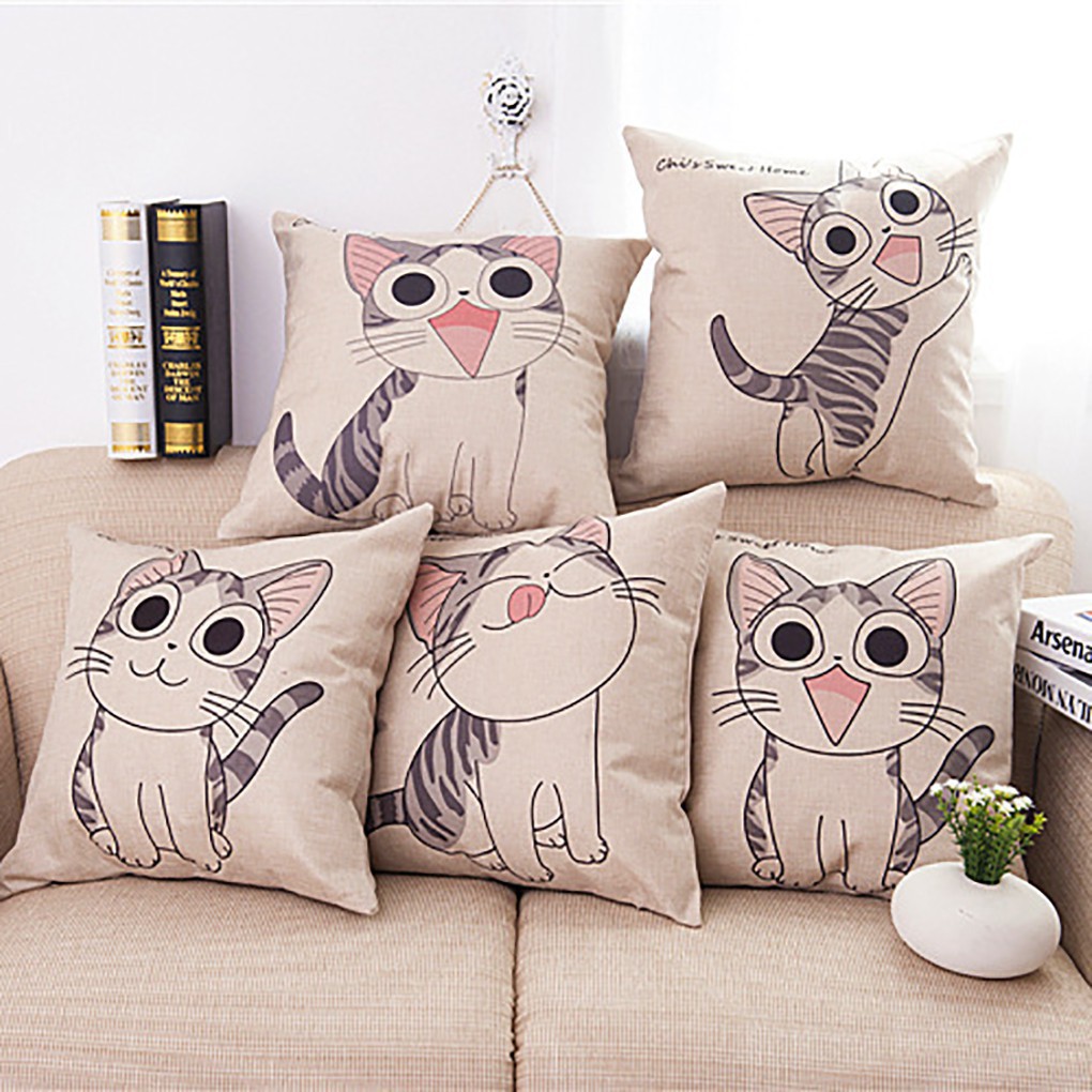 Cartoon Cat Linen Square Cushion Cover Pillowcase Good ranchotion