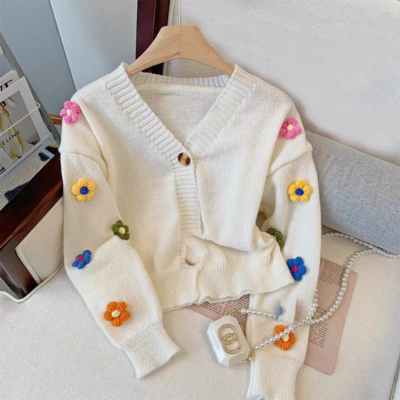 Áo cardigan len dáng lửng đính hoa nổi phong cách hàn quốc Kozoda AL13