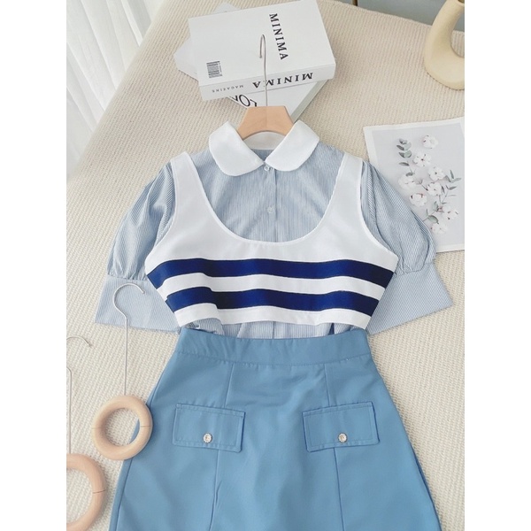 Set 3 Món Gile Kẻ Ngang Xanh