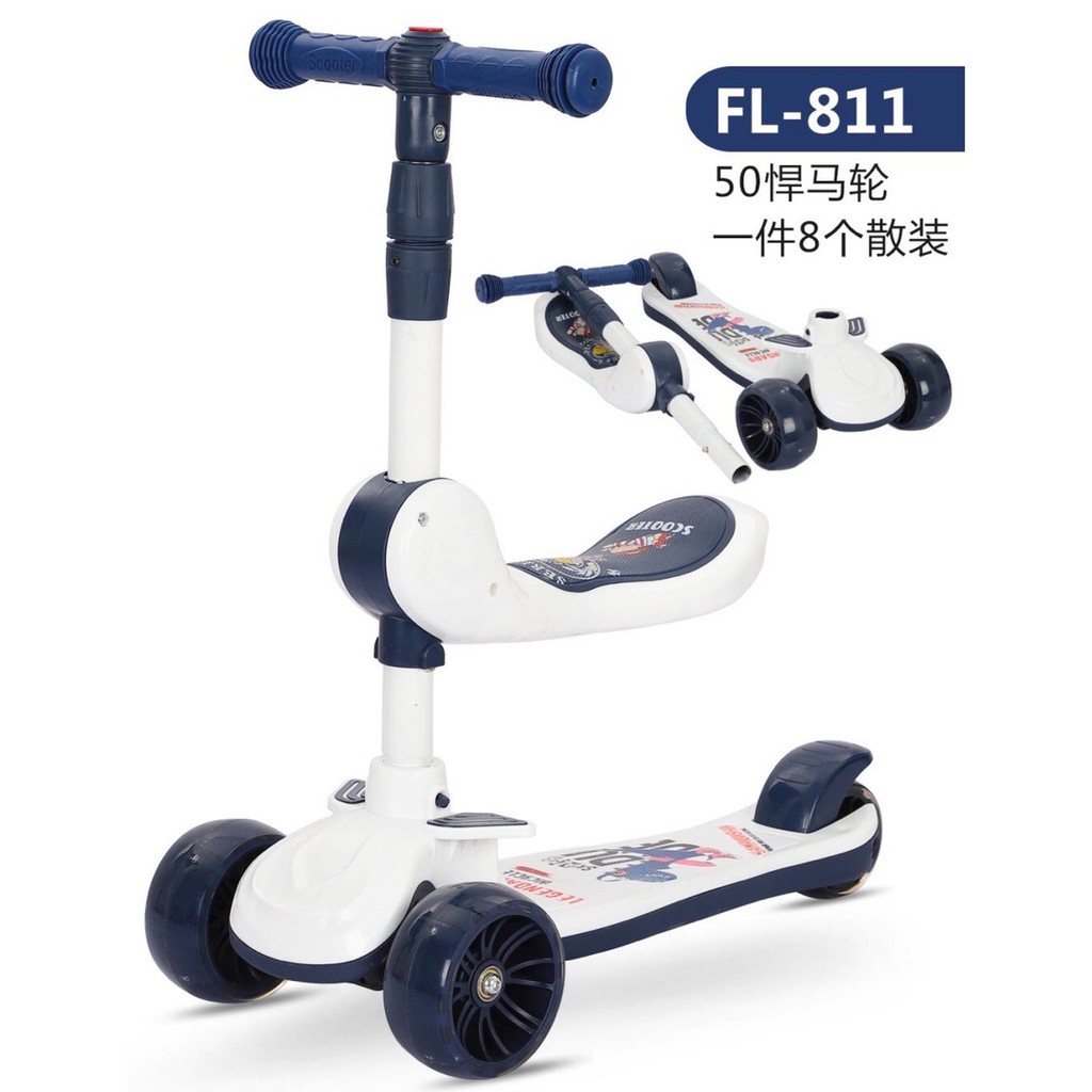 Xe trượt scooter cho bé vận động có ghế ngồi 3in1 gấp gọn, có nhạc, đèn, bánh phát sáng (Cam-Xanh-Tím-Trắng)