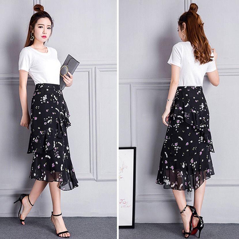 Chân Váy Voan Dài Lưng Cao Viền Bèo Họa Tiết Hoa Mẫu Mới Thời Trang Xuân Hè Dành Cho Nữ 2021