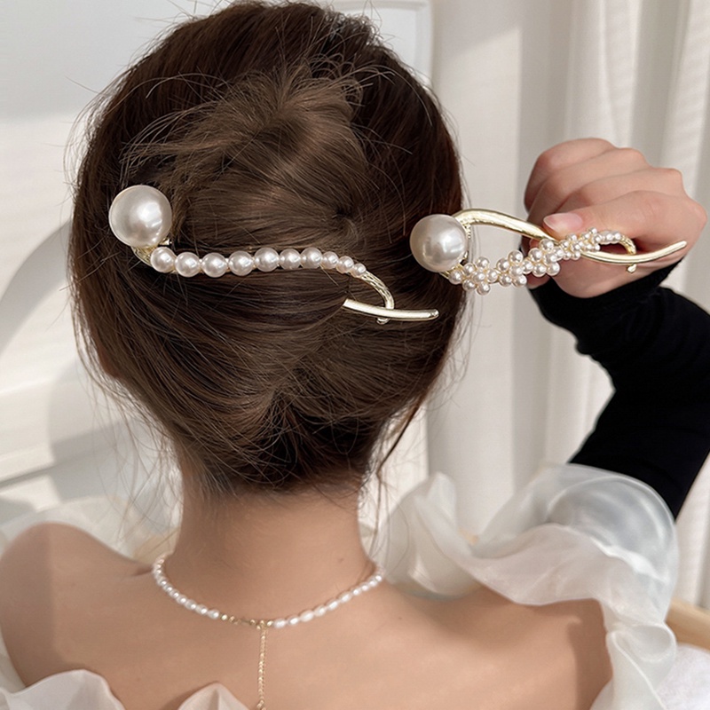 Kẹp Tóc Kim Loại Màu Vàng Bạc Đính Ngọc Trai Thanh Lịch Cho Nữ