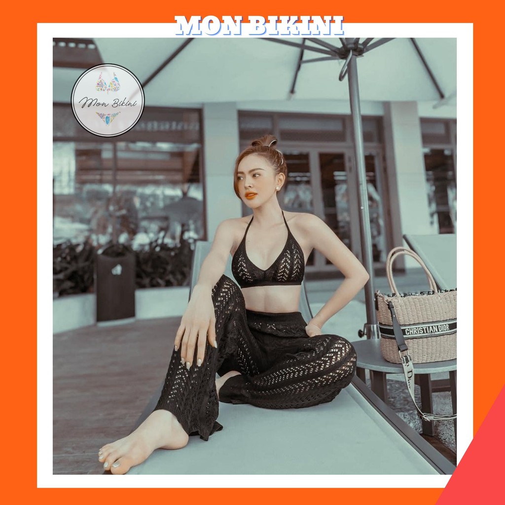 Đồ bơi, Set bikini len quần dài 3 màu trắng đen be (Hình ảnh thật 100%) Mon bikini BKN23