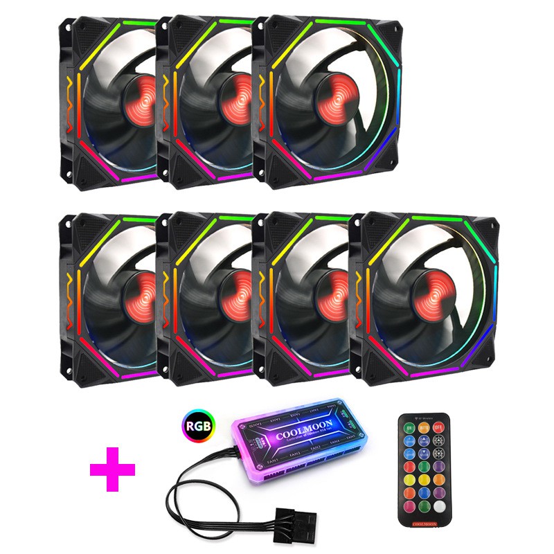 Bộ 7 Quạt Tản Nhiệt, Fan Case Coolmoon Ver 5 / V5 Led RGB - Kèm Bộ Hub + Remote Coolmoon