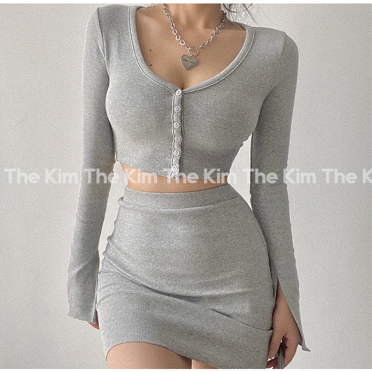 Bộ 2 món áo len tăm dài tay croptop cúc ngực - chân váy ngắn cạp cao , set len tăm ôm body sexy The Kim SV127