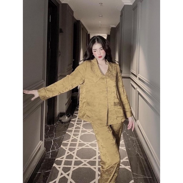 Bộ Lụa Mặc Nhà Pijama Nữ Tay Dài Quần Dài Họa Tiết Chìm Chất Lụa Cao Cấp Mát Mềm Mịn  LovelyPhan Pijama