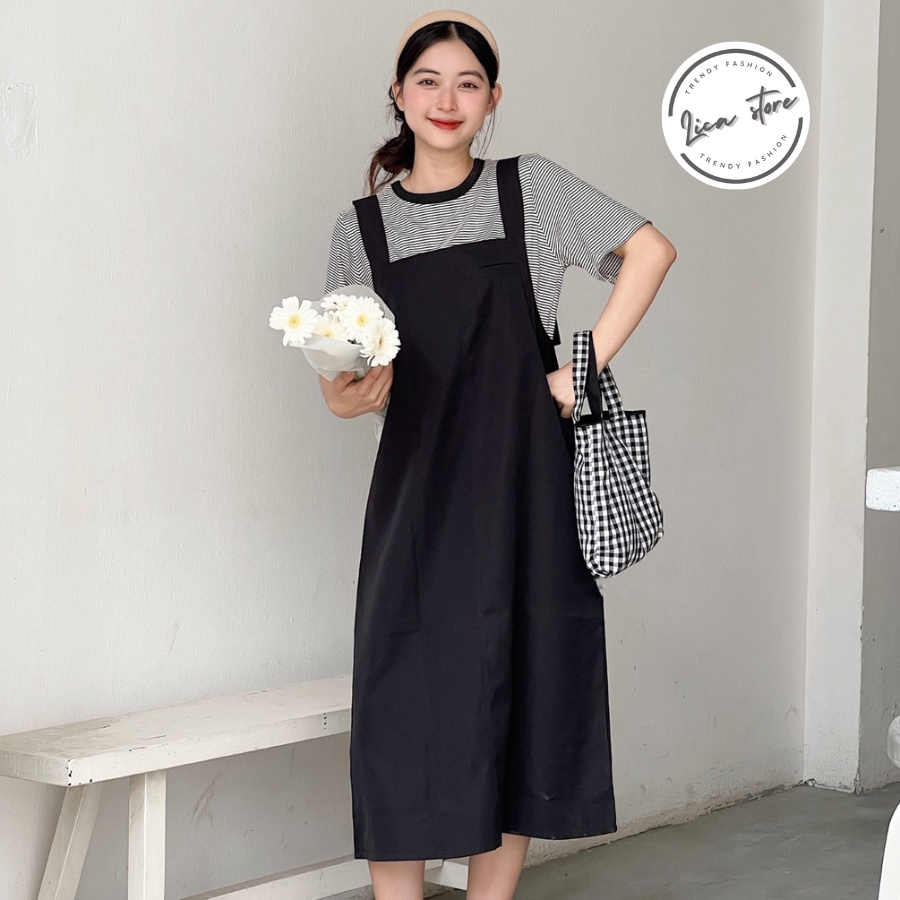 Set váy yếm nữ kèm áo thun, yếm dài kèm áo thun kẻ sọc freesize