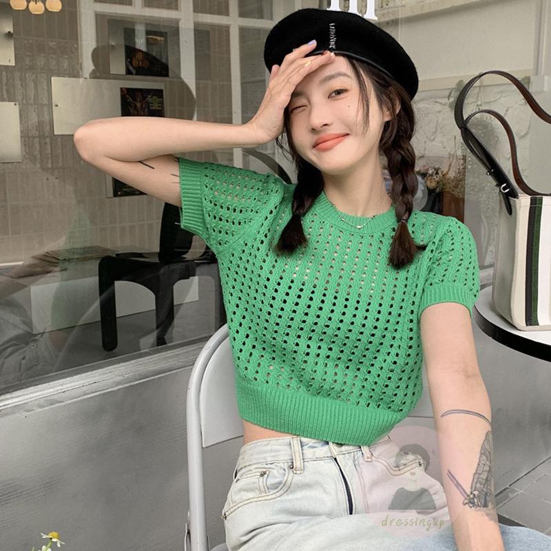 Áo Thun Dệt Kim Tay Ngắn Cổ Tròn Màu Trơn Thời Trang Dành Cho Nữ