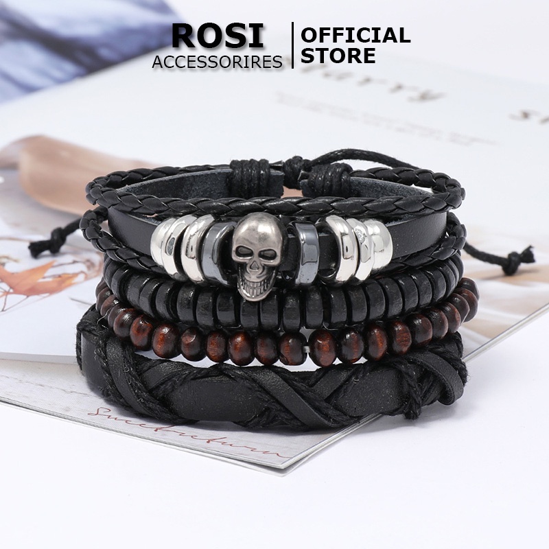Set vòng tay da nam SKULL hạt cườm nhiều phong cách