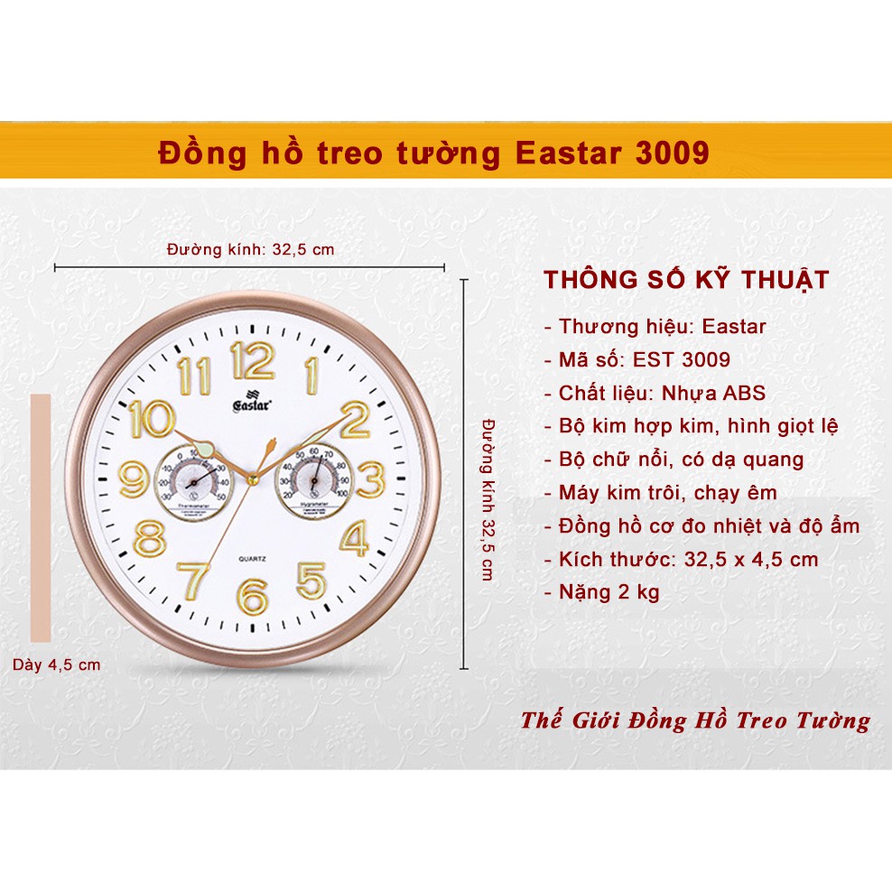 Đồng hồ Treo Tường KIM TRÔI EASTAR Tròn có DẠ QUANG và Đồng hồ Cơ Đo NHIỆT ĐỘ - ĐỘ ẨM - Tặng Pin Maxell