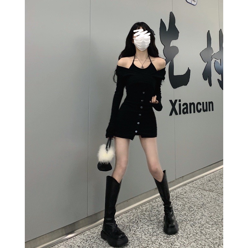 đầm yếm trễ vai nút - CarotShop