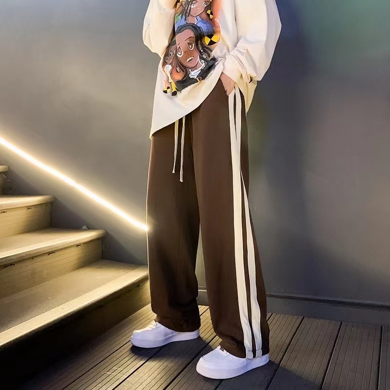 quần ống rộng nam Quần Thể Thao Ống Rộng Lưng Cao Họa Tiết Kẻ Sọc Phong Cách Hàn Quốc Thời Trang Cho Nữ