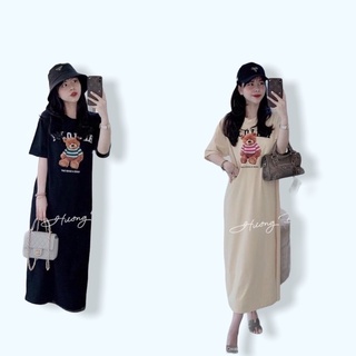 Đầm suông-Váy suông chất cotton dáng dài cổ tròn in hình gấu "HELLO" 2 màu đen-kem