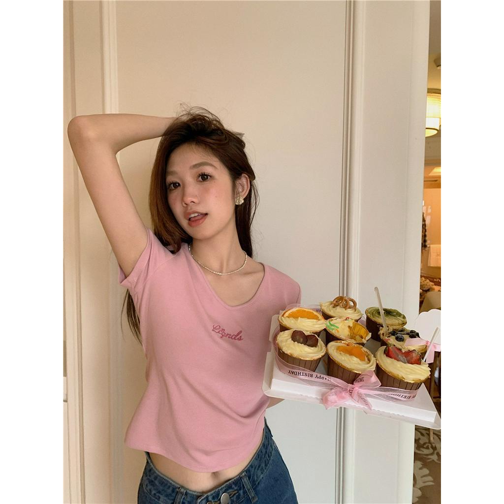 Áo Thun Dệt Kim Ngắn Tay Cổ Chữ V Thêu Họa Tiết Phong Cách Mới Mùa Hè 62791