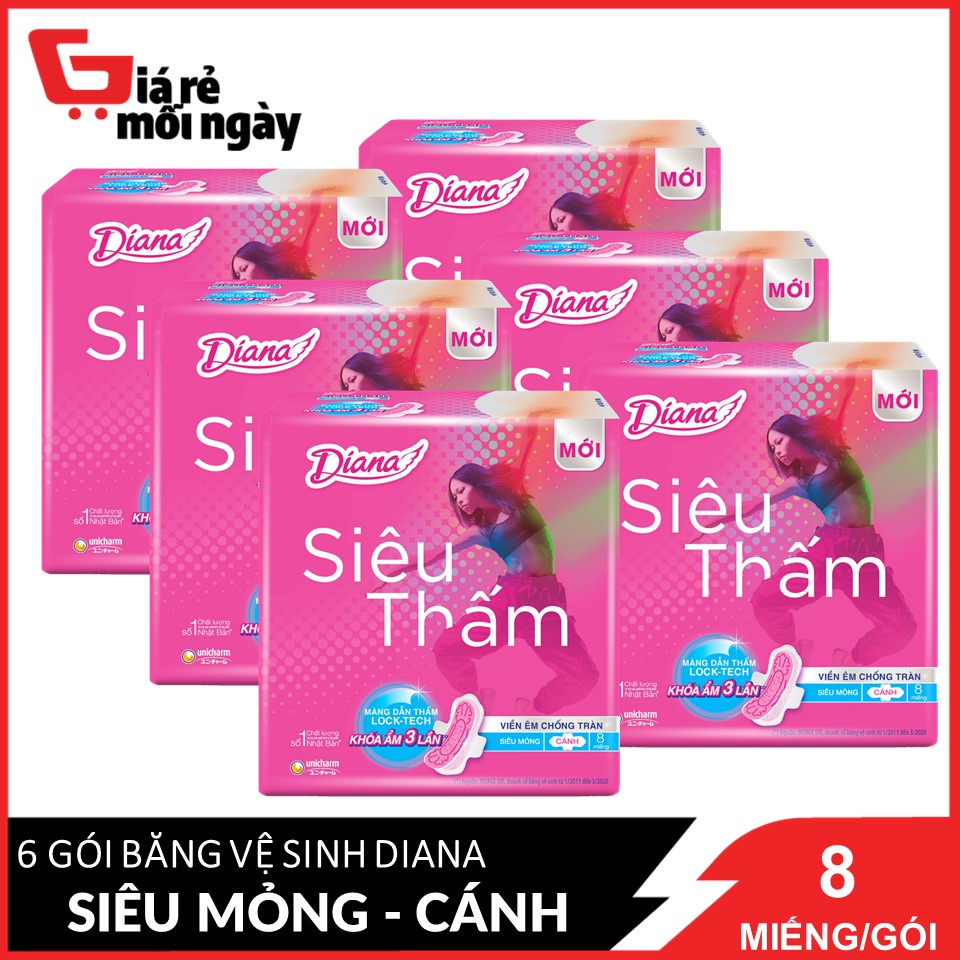 Combo 6 gói Băng vệ sinh Diana Siêu thấm siêu mỏng cánh 8 miếng/gói