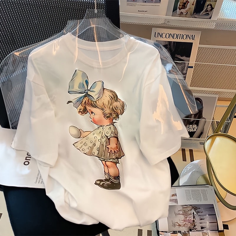 Áo Thun Cotton Ngắn Tay Dáng Rộng Thời Trang Retro Đơn Giản Cá Tính Cho Nữ