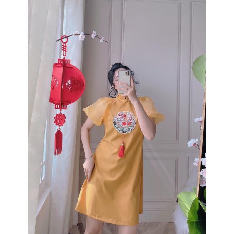 Đầm Suông Cổ Tàu, Đầm Áo Dài Cách Tân Họa Tiết Thêu Hoa Văn Cá Chép Tay Voan Thời Trang Tết. | BigBuy360 - bigbuy360.vn
