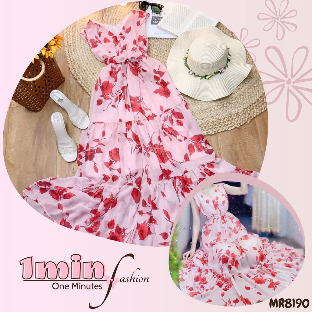 Maxi hoa cổ V bo chun eo-MR8190