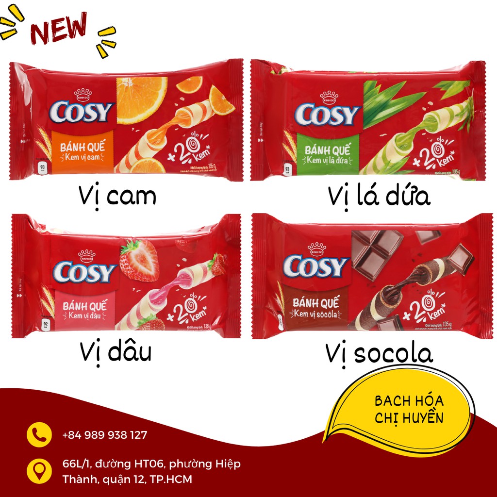 Bánh quế Cosy Kinh Đô 132g - Vị lá dứa, socola, dâu, cam