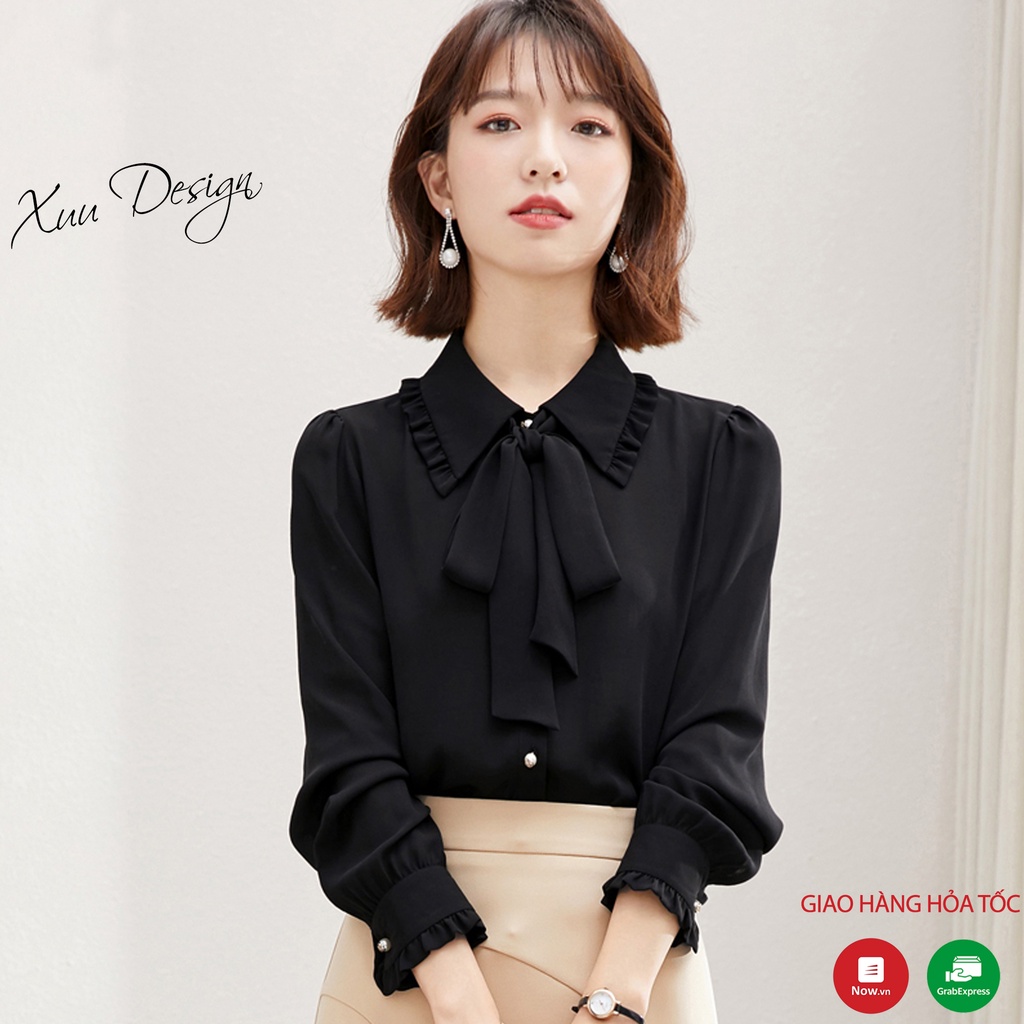 Áo sơ mi lụa nữ công sở Xuu, thắt nơ màu đen kiểu thời trang Xu03 Đen | BigBuy360 - bigbuy360.vn