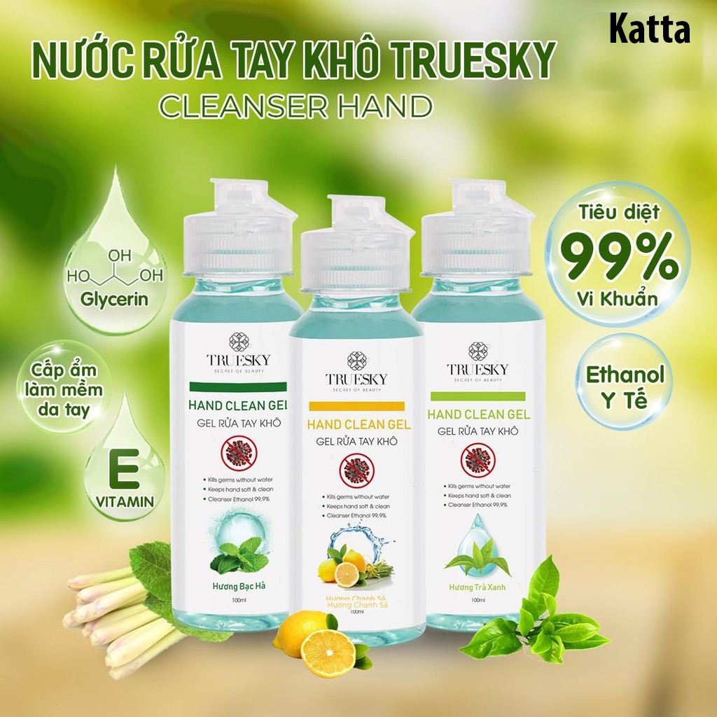 Nước rửa tay khô sát khuẩn Truesky 100ml gồm 3 hương (hương chanh sả & hương bạc hà & hương trà xanh) - Katta