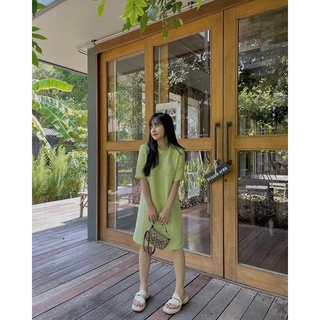 Đầm suông nữ xanh bơ cổ tròn tay ngắn vân nổi freesize Pumi