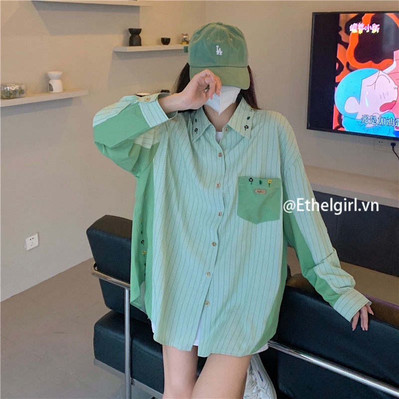 Áo Sơ Mi Nữ Dài Tay Cổ Bẻ Form Rộng Họa Tiết Sọc Vintage Thời Trang