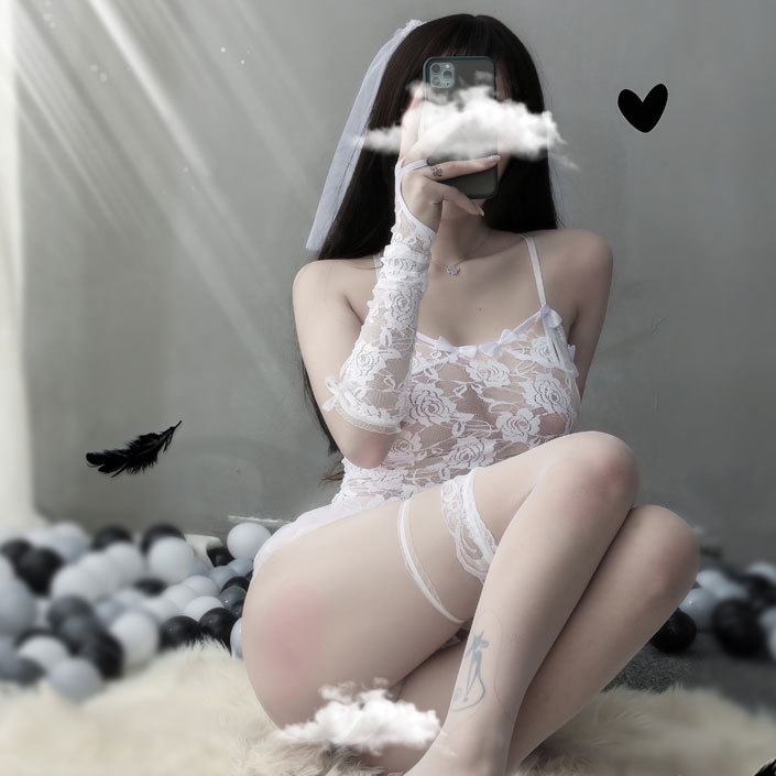 Đồ ngủ sexy đồ ngủ nữ cosplay cô dâu 3 sexy ren lưới hoa văn màu trắng freesize QUENQUEN store | BigBuy360 - bigbuy360.vn