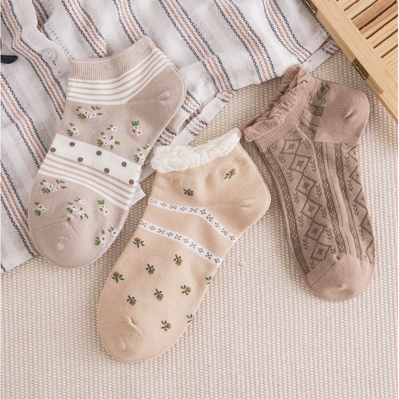 Combo 5 đôi tất cổ ngắn vintage phối giày retro kiểu Nhật harajuku sinh viên ulzzang oxford cotton converse lenvintage