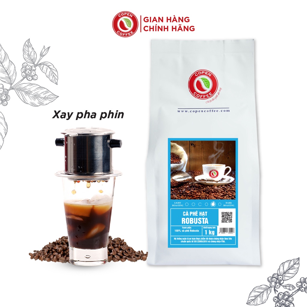 Cà phê hạt Robusta rang mộc nguyênc chất - Copen Coffee - Vị Đậm đà, Hậu Vị Sâu - Gói 1KG