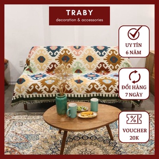 Thảm phủ sofa dệt thổ cẩm, boho, vintage con cua (2 mặt)