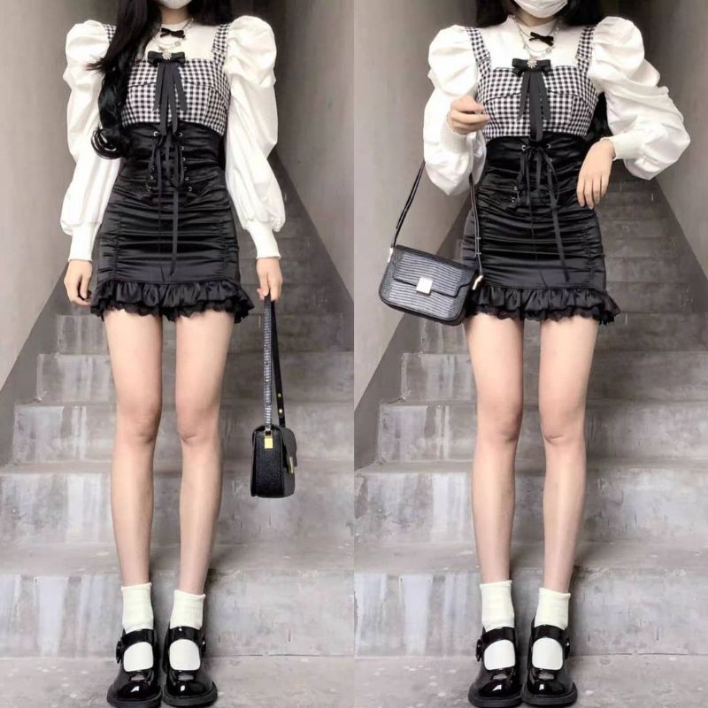 (K2) Fullset váy lụa sơ mi Tiểu thư sang chảnh . Chân váy lụa đan nơ ôm dáng + Set áo sơ mi.
