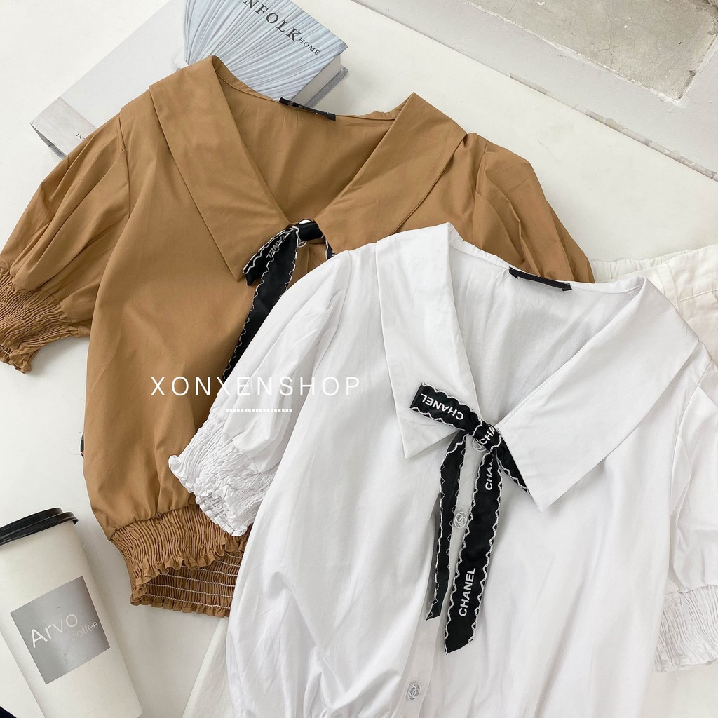 Áo kiểu bo eo cổ bẻ cực sang chảnh Xonxen shop size s m mã 05