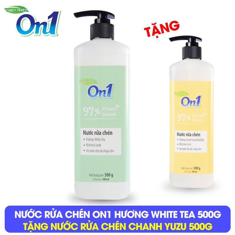 Nước rửa chén On1 cho da nhạy cảm hương White Tea 500g- Tặng Nước rửa chén On1 cho da nhạy cảm hương Chanh Yuzu Nhật Bản