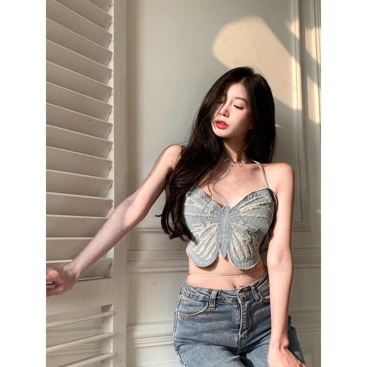 Áo Ống Hai Dây Dáng Ôm Hình Bướm Phong Cách Hàn Quốc Cổ Điển Thời Trang Quyến Rũ Cho Nữ