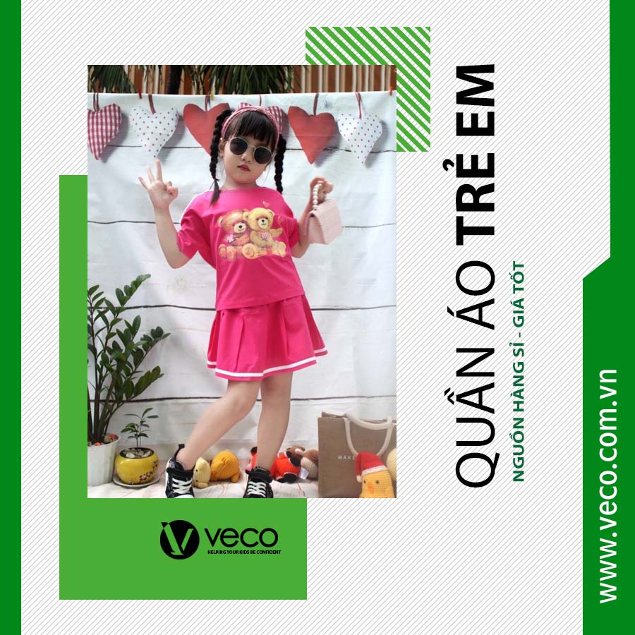 Sỉ Quần Áo Trẻ Em Cao Cấp VECO BS221-05003 Bộ Váy Thun Cotton 100% Cho Bé Gái Từ 1 Đến 15 tuổi
