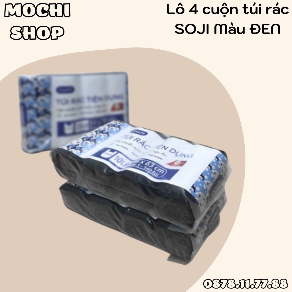 Lô 4 Cuộn Túi Rác MÀU ĐEN Soji Inochi, Túi Đựng Rác Có Quai Tiện Dụng, Vệ Sinh, An Toàn