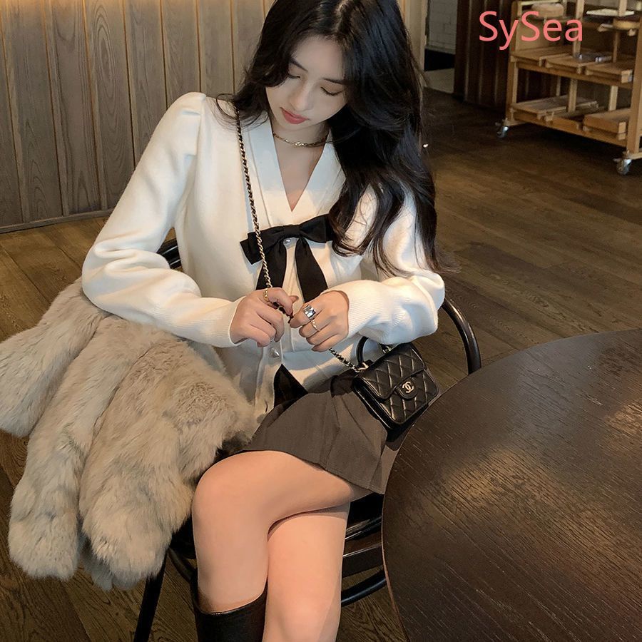 Áo Khoác Cardigan Dệt Kim Cổ Chữ V Thắt Nơ Xinh Xắn Thời Trang Cho Nữ