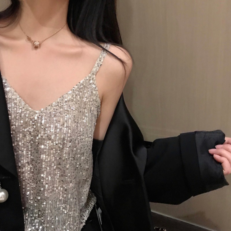 Áo Hai Dây Dáng Ngắn Đính Kim Sa Lấp Lánh Thời Trang Xuân Hè 2020 Phong Cách Hàn Quốc Mới Cho Nữ