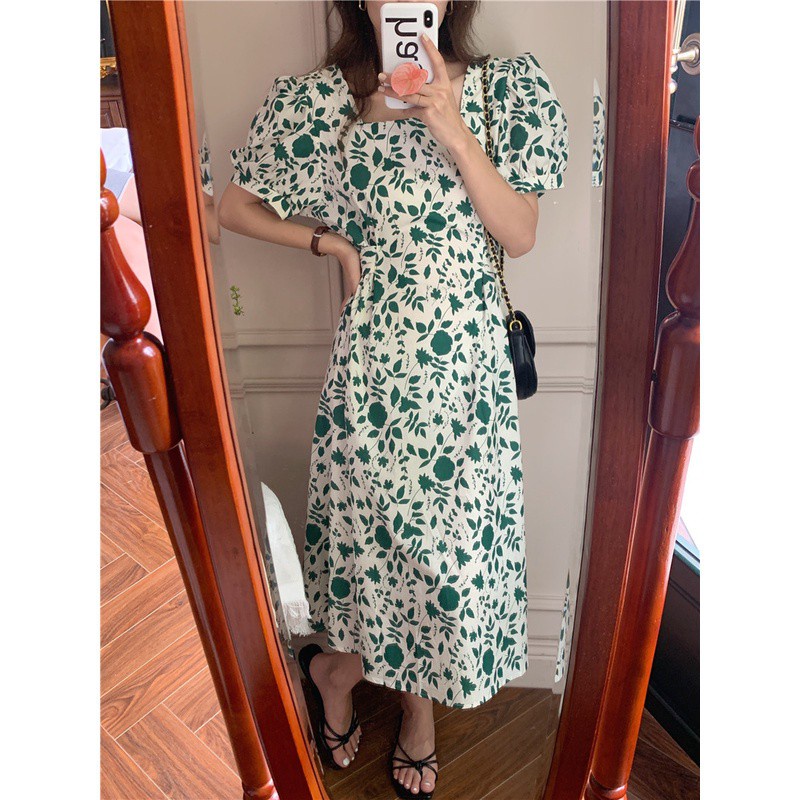 Đầm Hoa Cổ Vuông Ngắn Tay Dáng Dài Thời Trang Sành Điệu 44212